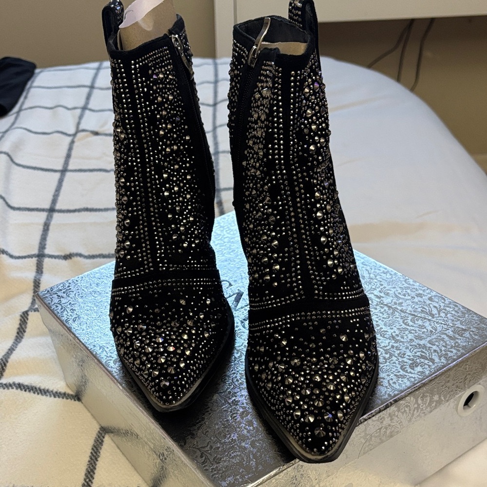 Amazon Black Rhinestone Ankle Booties - Picture 4 of 8